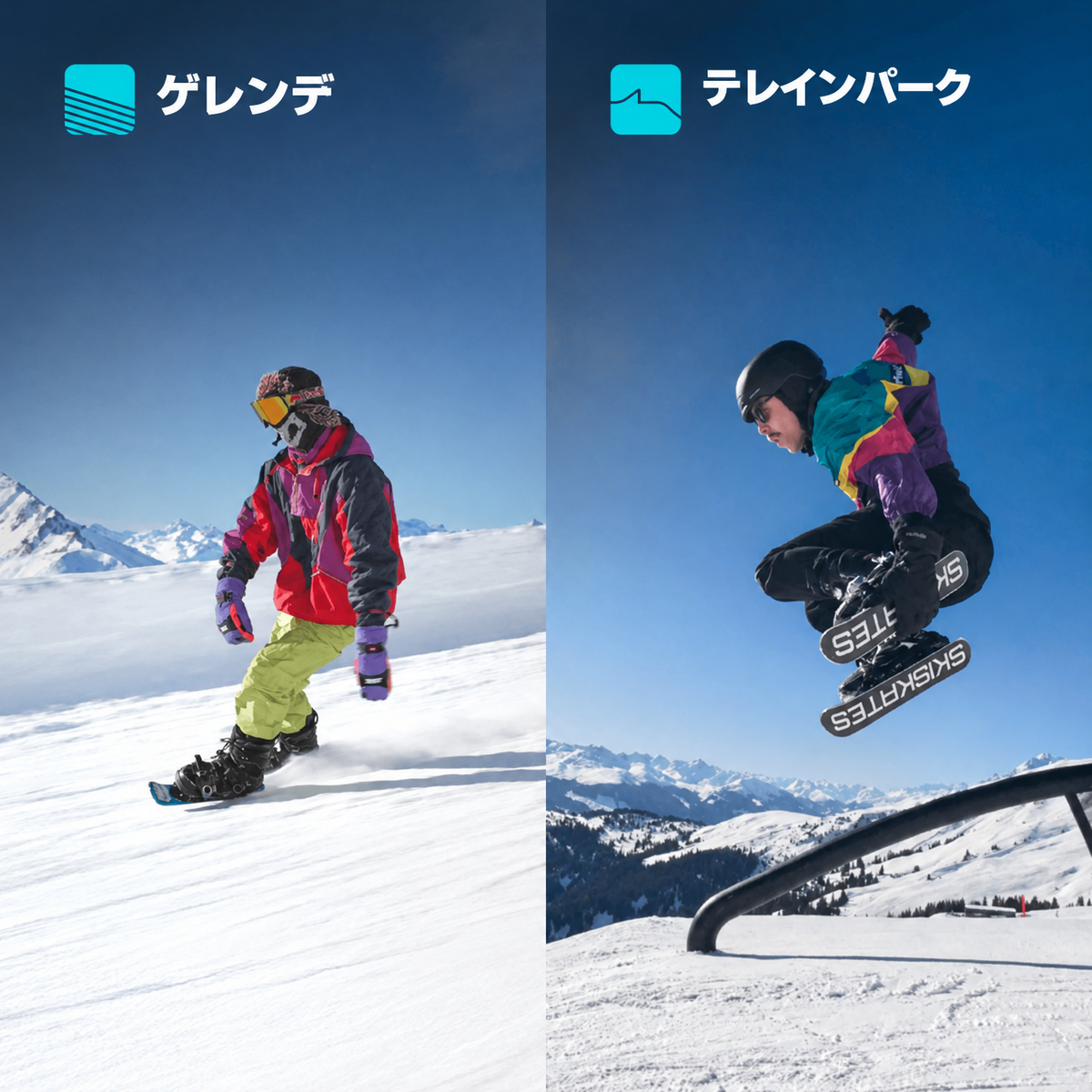 Two Different Winter Snow Terrains for Snowfeet Skiskates 44: Ski Slopes, Terrain Parks