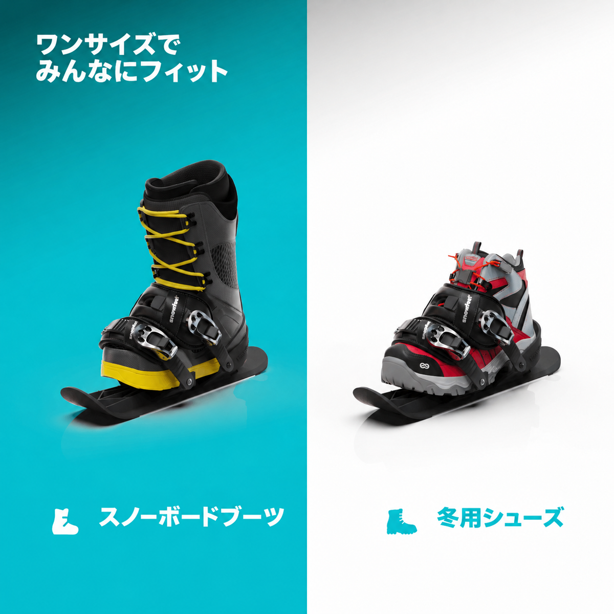 青と白の背景に、スノーボードブーツと冬靴で使うSnowfeet 50の2つの装着例と「フリーサイズ」の文字