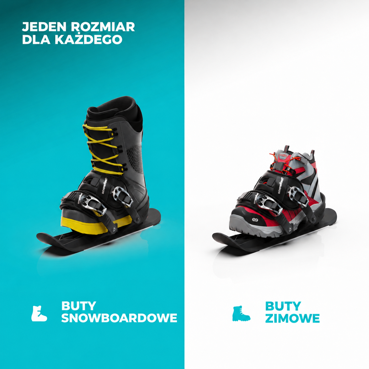 Snowfeet 50 z butami snowboardowymi i zimowymi na niebiesko-białym tle z napisem „jeden rozmiar dla wszystkich”