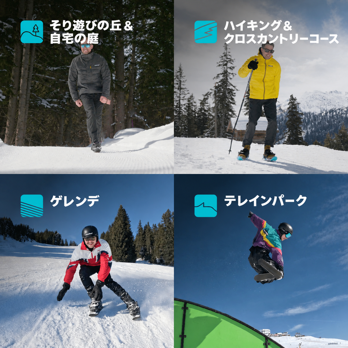 Snowfeet 50で楽しめる4つの雪上フィールド：そり遊びの丘と裏庭、ハイキング・クロスカントリーコース、ゲレンデ、テレインパーク