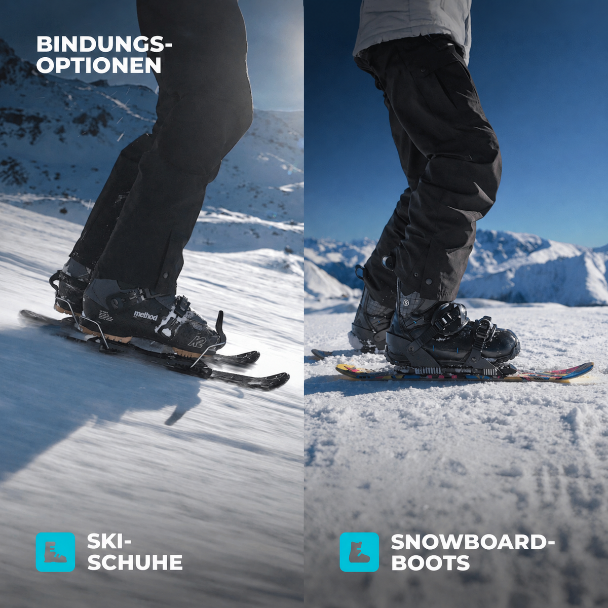 Two views of ski boots and snowboard boots on skis with mountain background. Binding Options of Snowfeet Skiblades 65 cm.