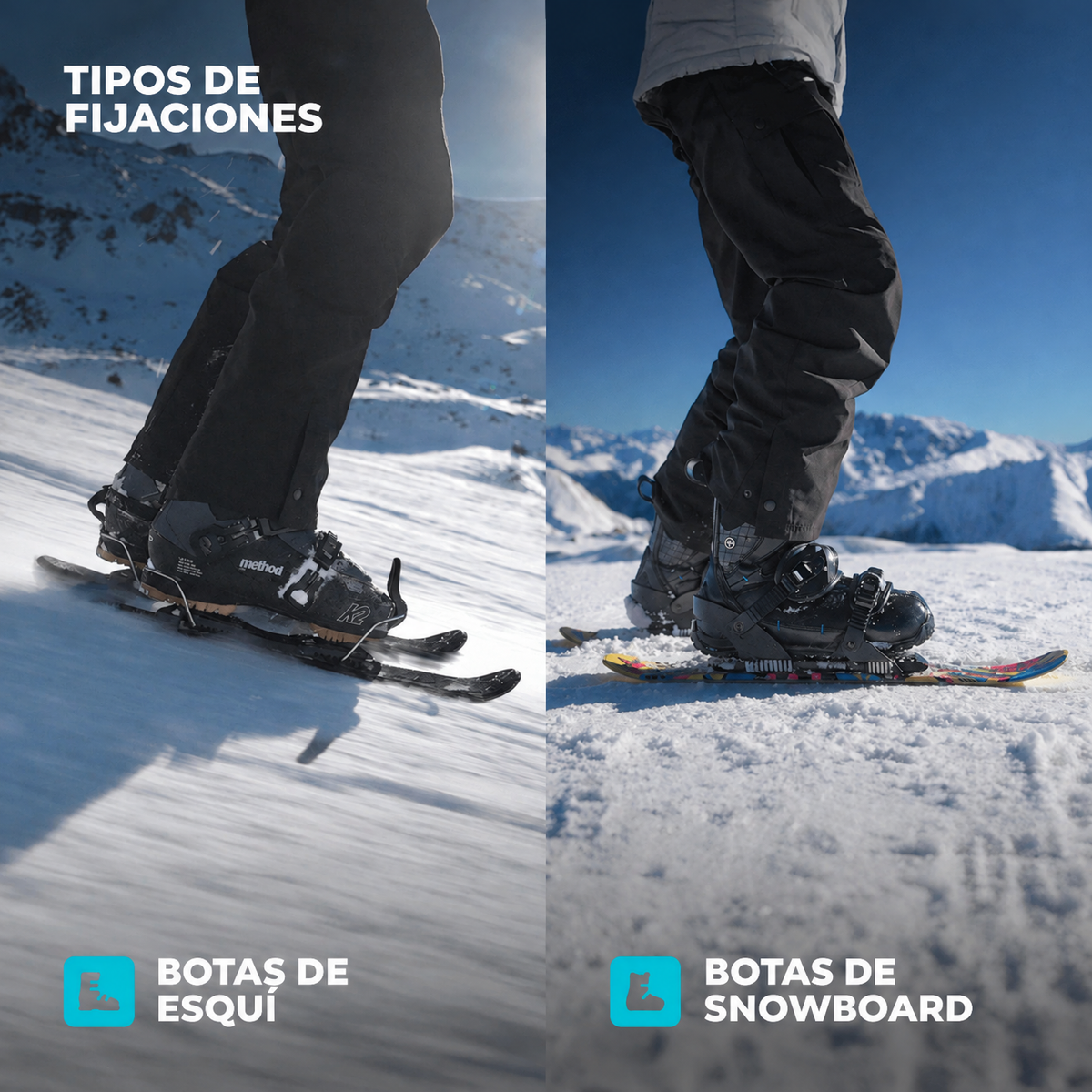 Two views of ski boots and snowboard boots on skis with mountain background. Binding Options of Snowfeet Skiblades 65 cm.