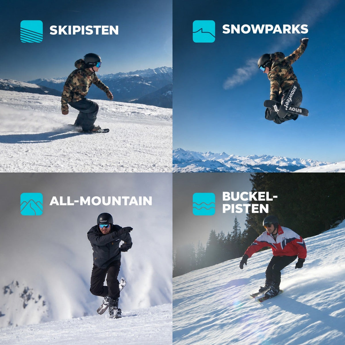 Four Different Winter Snow Terrains for Snowfeet Skiblades 65: Ski Slopes, Terrain Parks, All Mountains, Moguls