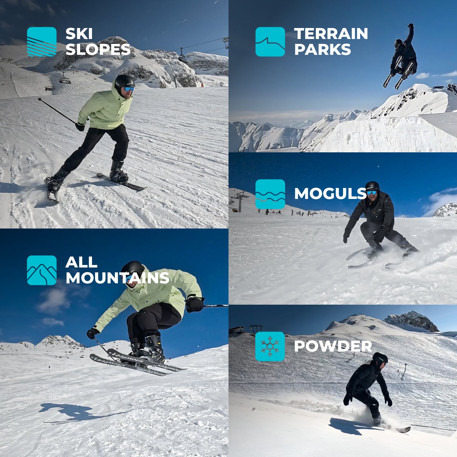 Five Different Winter Snow Terrains for Snowfeet Skiblades 99: Ski Slopes, Terrain Parks, All Mountains, Moguls, Powder