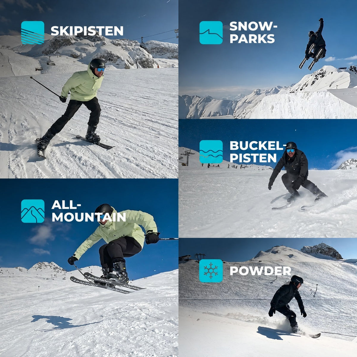 Five Different Winter Snow Terrains for Snowfeet Skiblades 99: Ski Slopes, Terrain Parks, All Mountains, Moguls, Powder