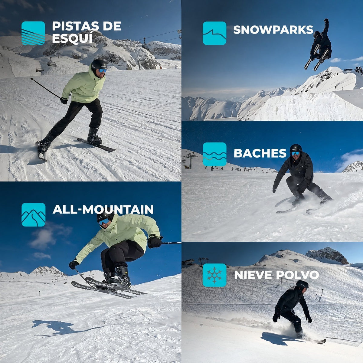 Five Different Winter Snow Terrains for Snowfeet Skiblades 99: Ski Slopes, Terrain Parks, All Mountains, Moguls, Powder