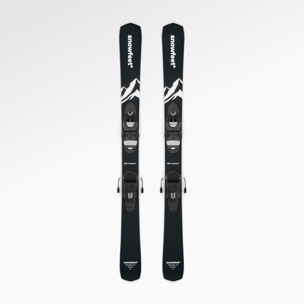 Skiboards Snowblades Short Mini Skis - snowfeet* 120 CM, Product photo, wood core skis, pro ski binding, black mountain color.