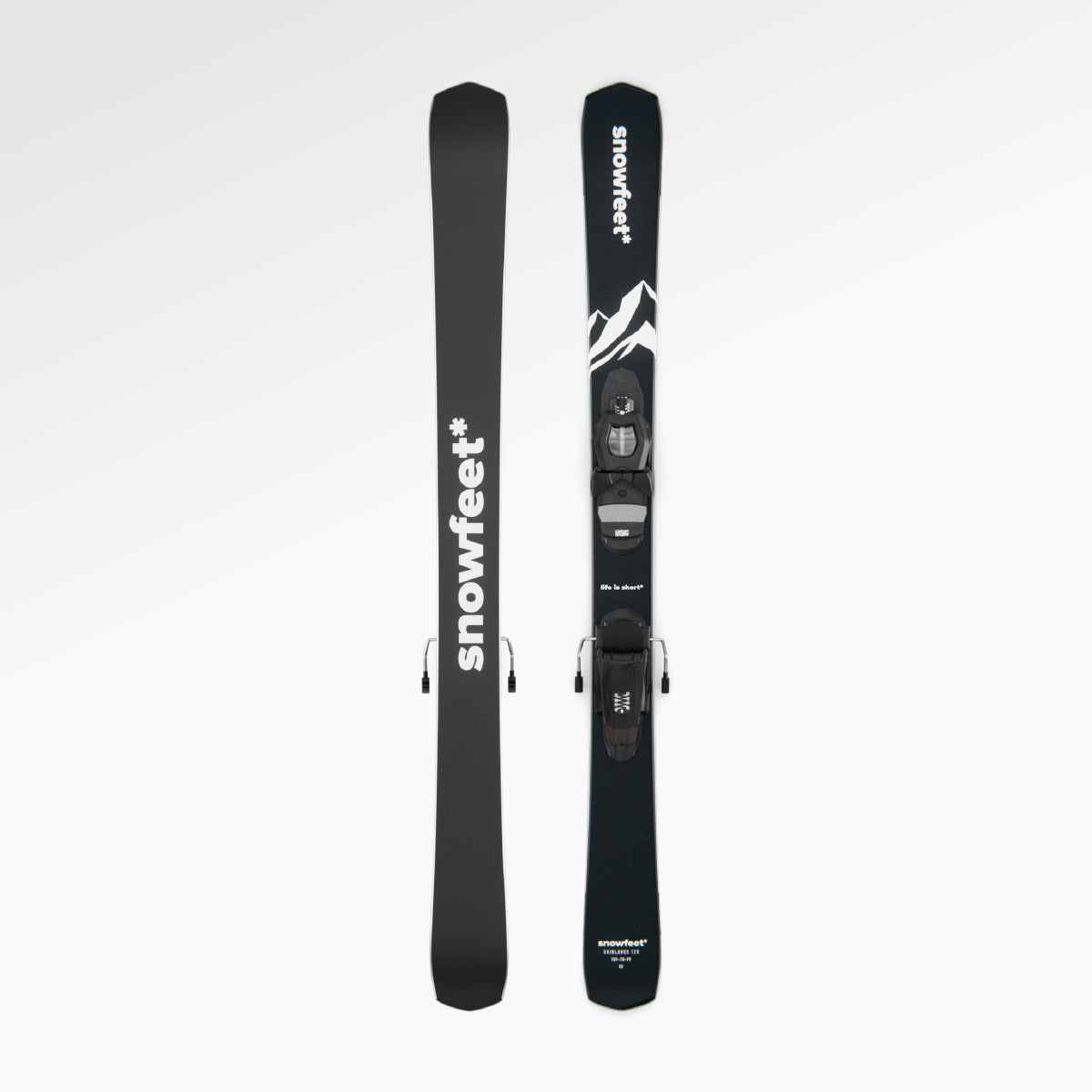 Skiboards Snowblades Short Mini Skis - snowfeet* 120 CM, Product photo, wood core skis, pro ski binding, black mountain color.