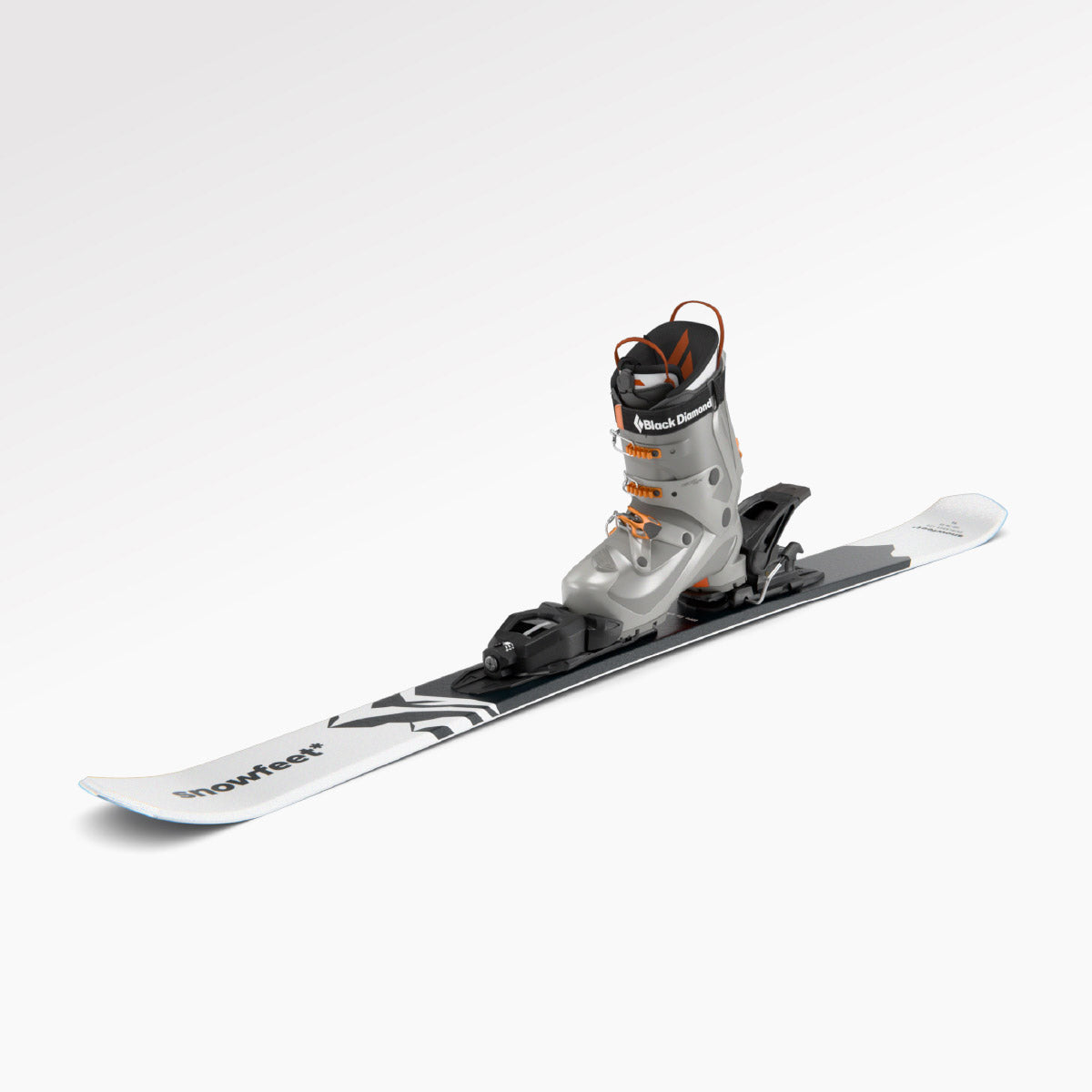 Skiboards Snowblades Short Mini Skis - snowfeet* 120 CM, Product photo, wood core skis, pro ski binding, white mountain color. With ski boot