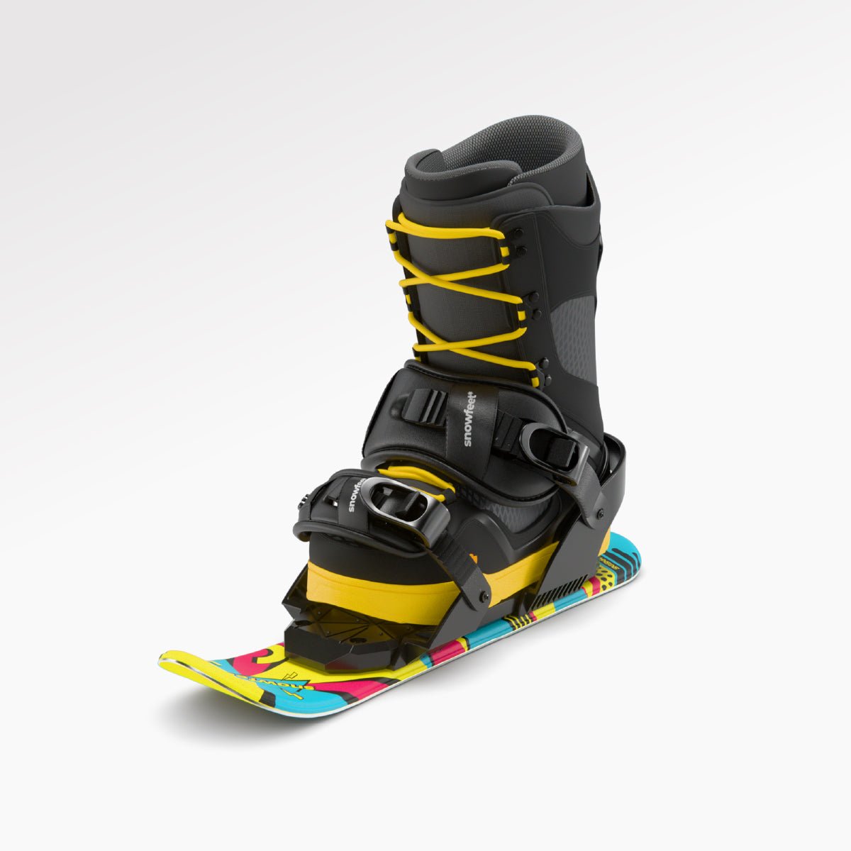 Skiskates, skates on snow -  Short Mini Skis - snowfeet*, Product photo, wood core skis, snowboard binding with snowboard boot, retro color.