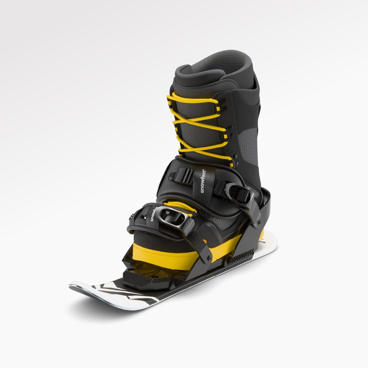 Skiskates, skates on snow -  Short Mini Skis - snowfeet*, Product photo, wood core skis, snowboard binding with snowboard boot, white mountain color.