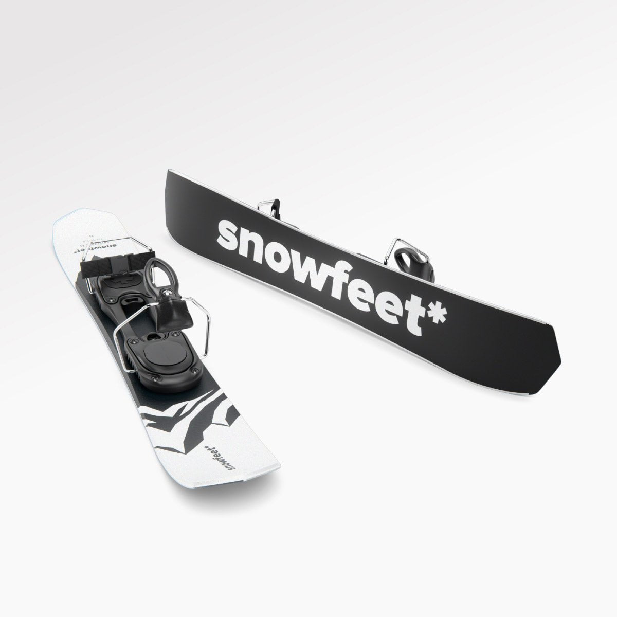 Skiboards Snowblades Short Mini Skis - snowfeet*, Product photo, wood core skis, ski binding, white mountain color.
