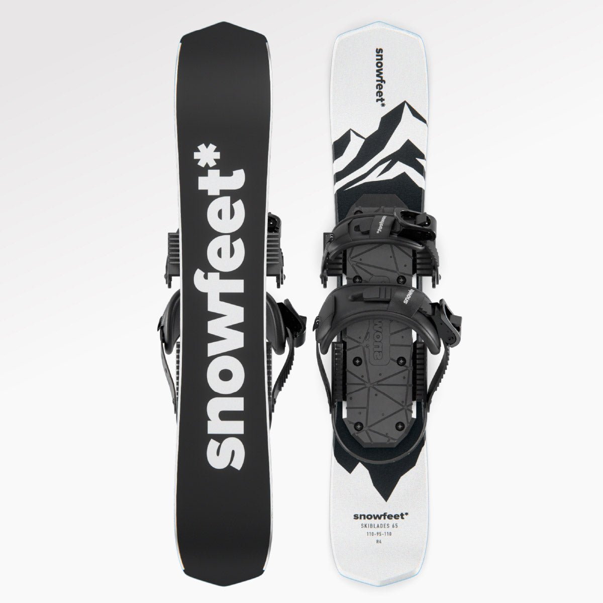 Skiboards Snowblades Short Mini Skis - snowfeet*, Product photo, wood core skis, snowboard binding, white mountain color.