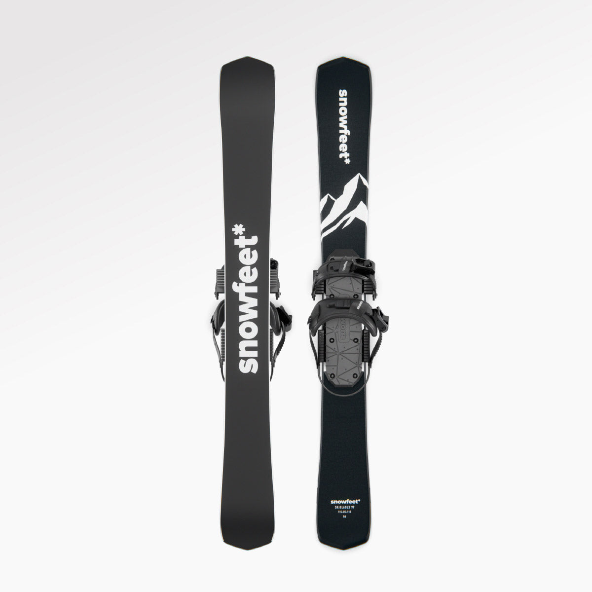 Skiboards Snowblades Short Mini Skis - snowfeet* 99CM. Product photo, wood core skis, snowboard binding, black mountain color.