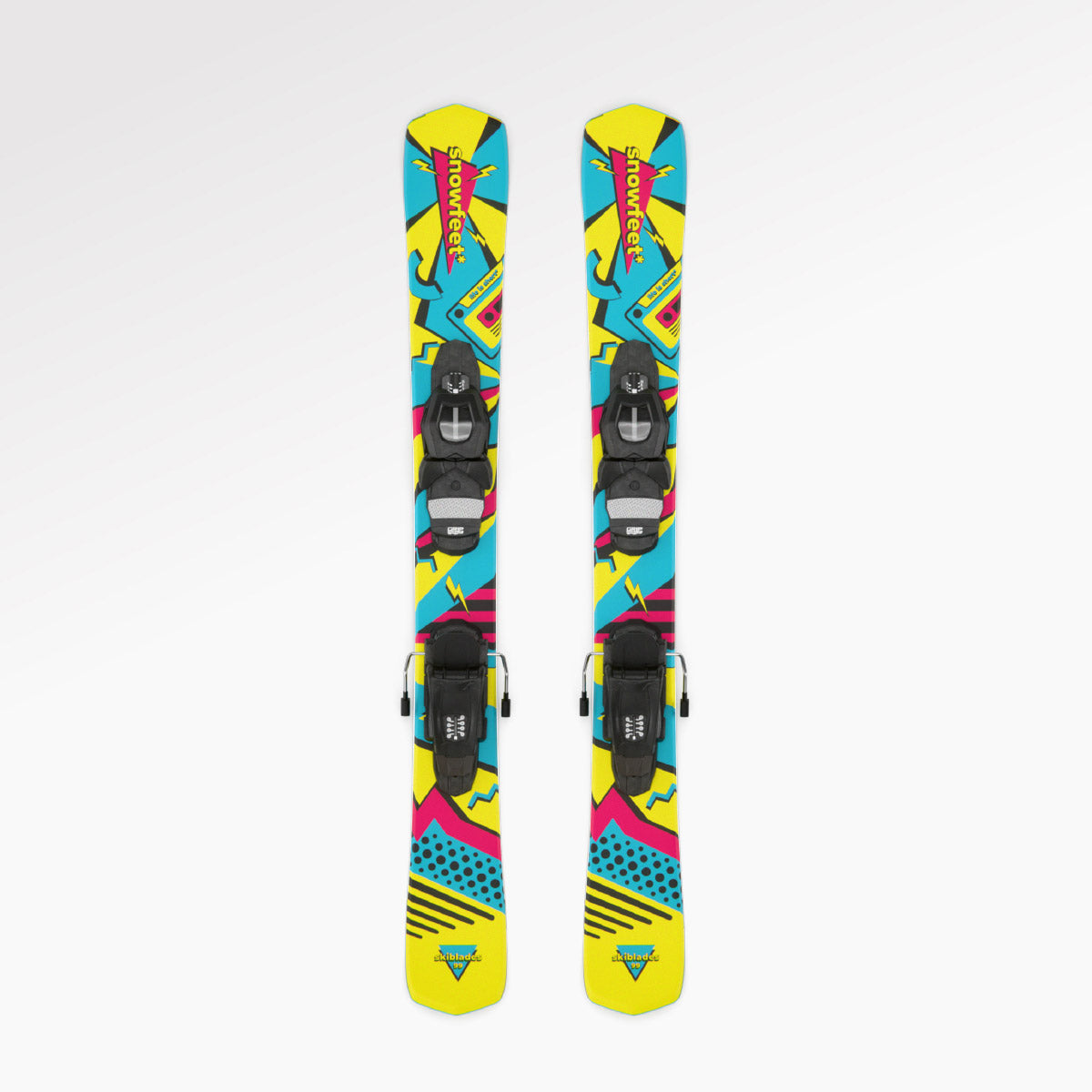 Skiboards Snowblades Short Mini Skis - snowfeet* 99CM. Product photo, wood core skis, pro ski binding, retro color. 