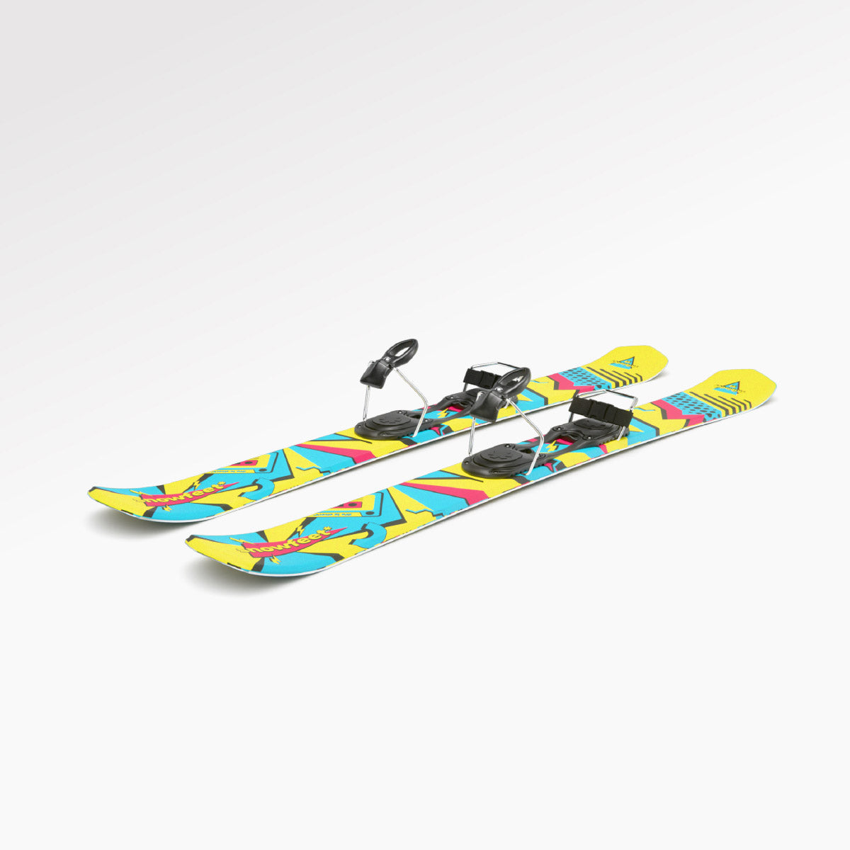 Skiboards Snowblades Short Mini Skis - snowfeet* 99CM. Product photo, wood core skis, simple ski binding, retro color. 