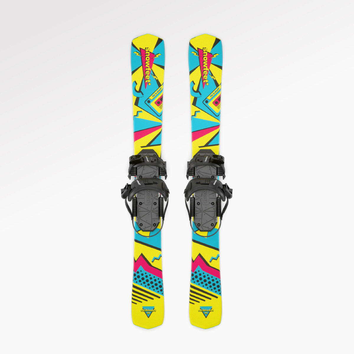 Skiboards Snowblades Short Mini Skis - snowfeet* 99CM. Product photo, wood core skis, snowboard binding, retro color. 