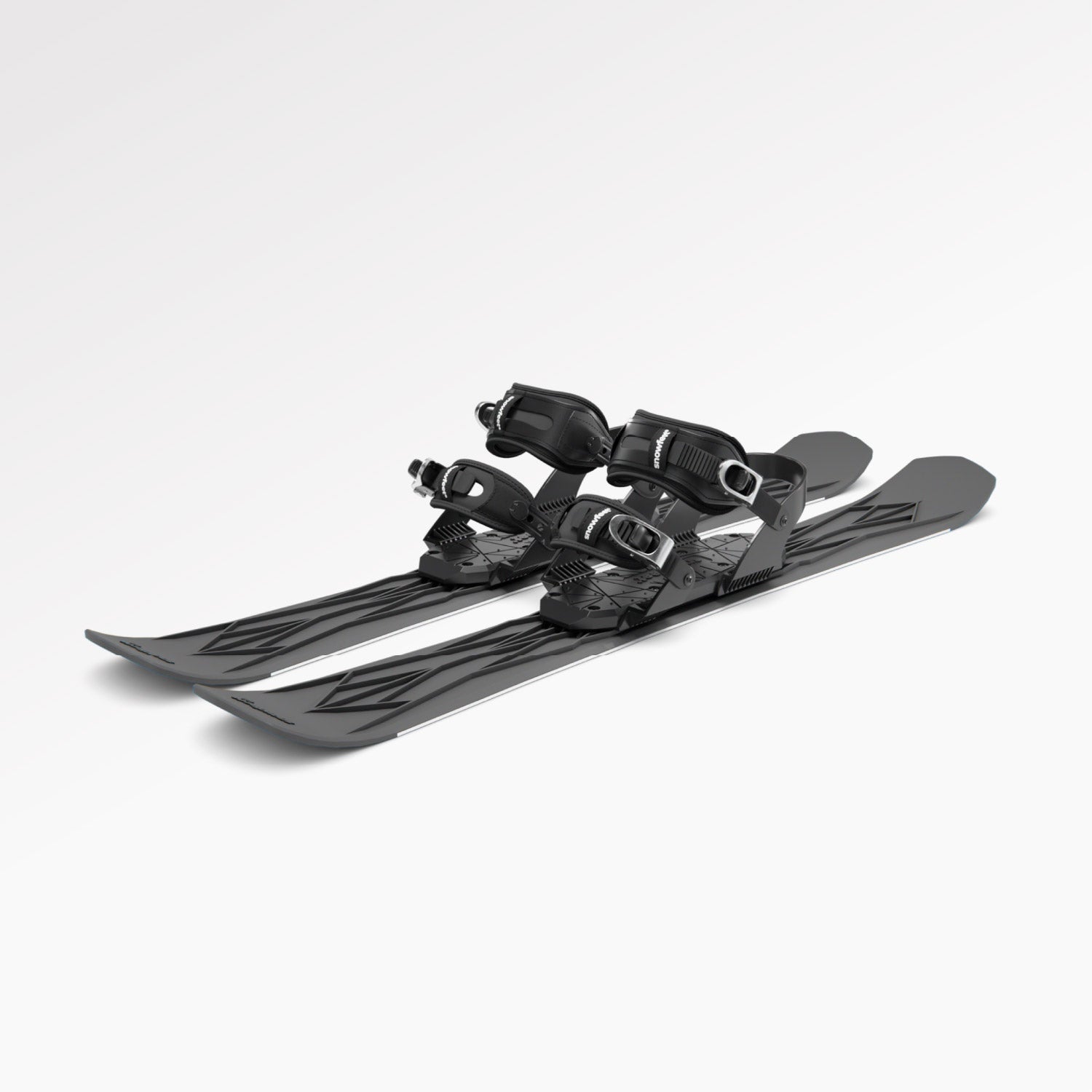 Pair of black short skis Snowfeet with snowboard bindings on a white background