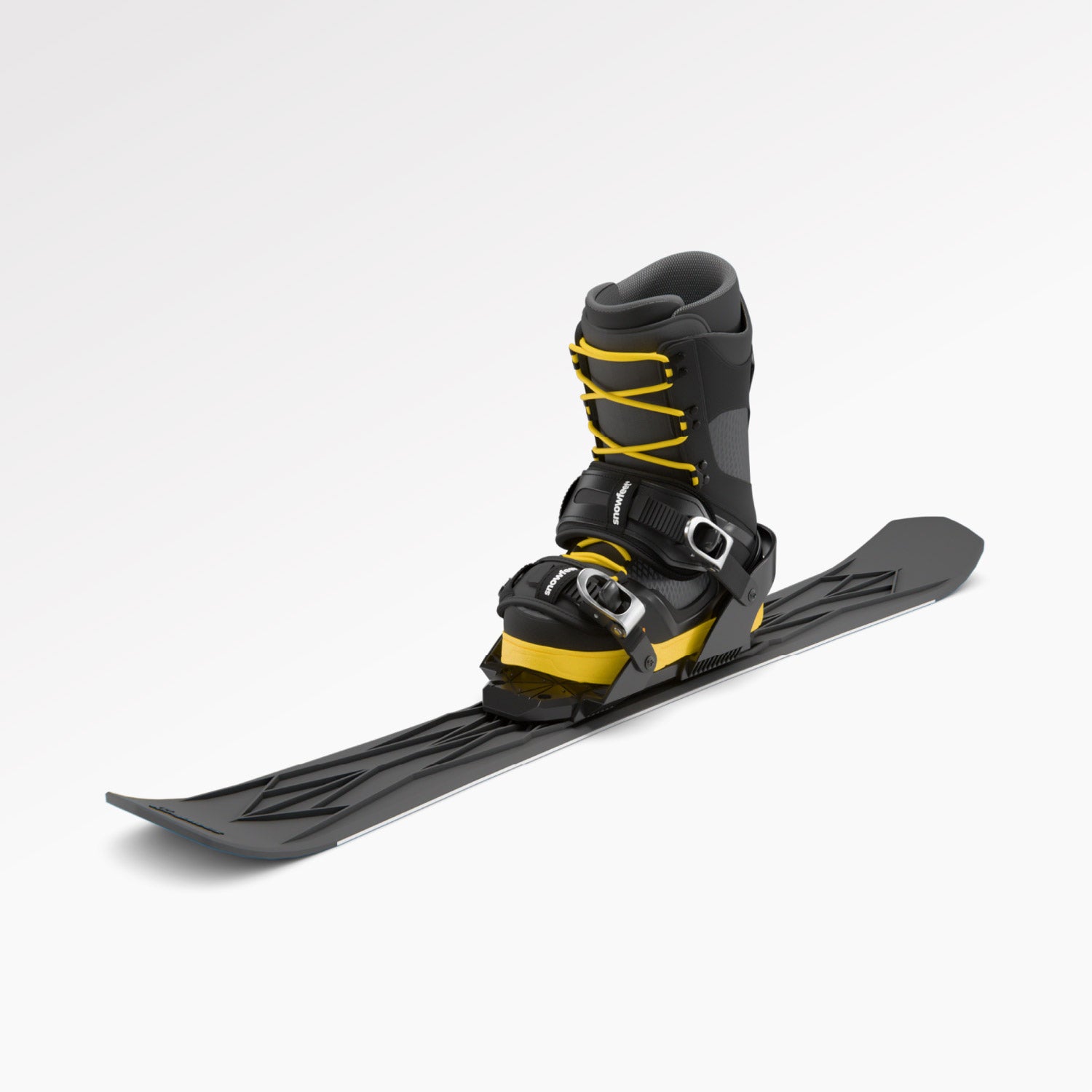 Pair of black short skis Snowfeet with snowboard bindings and snowboard boots on a white background