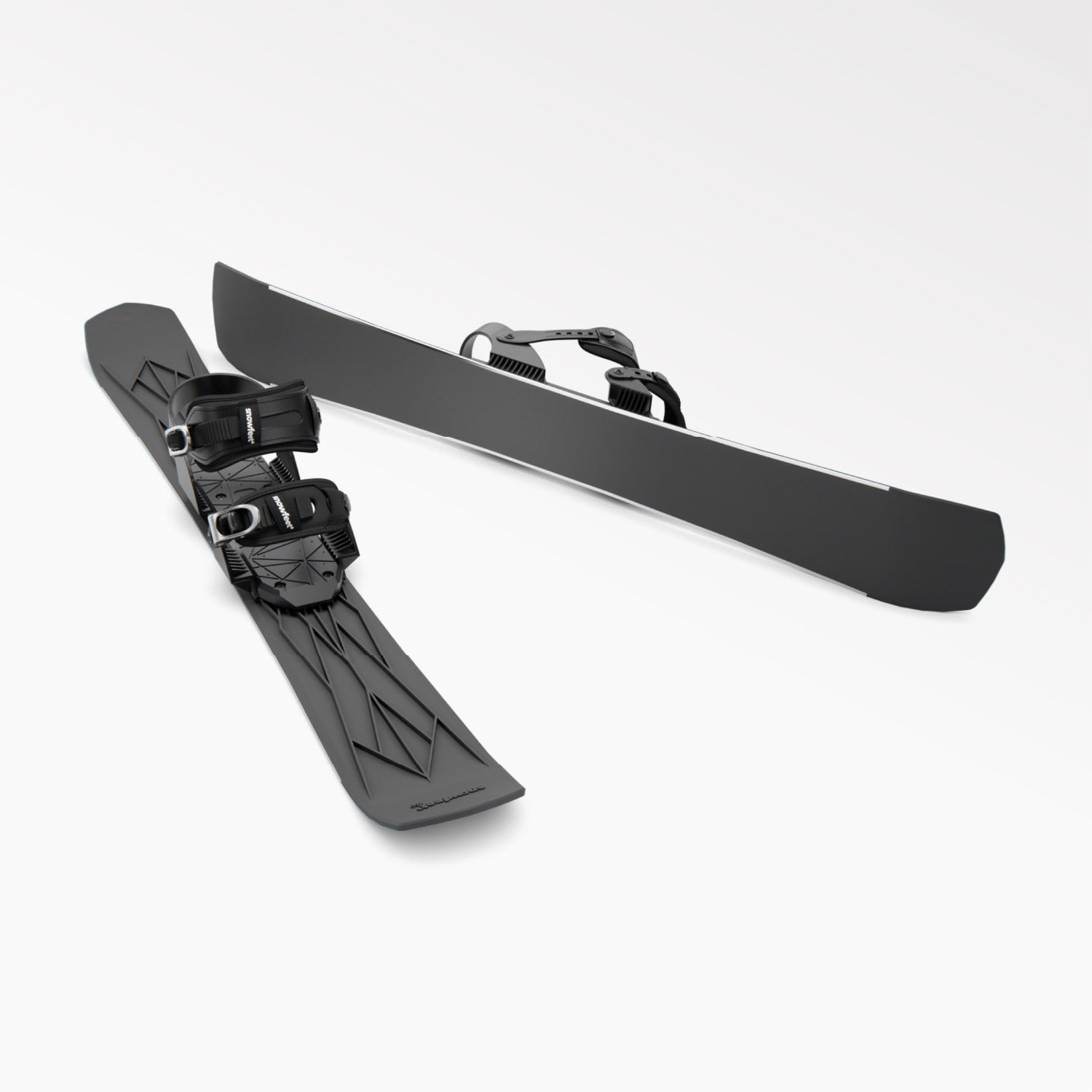Black short ski with snowboard binding on a white background