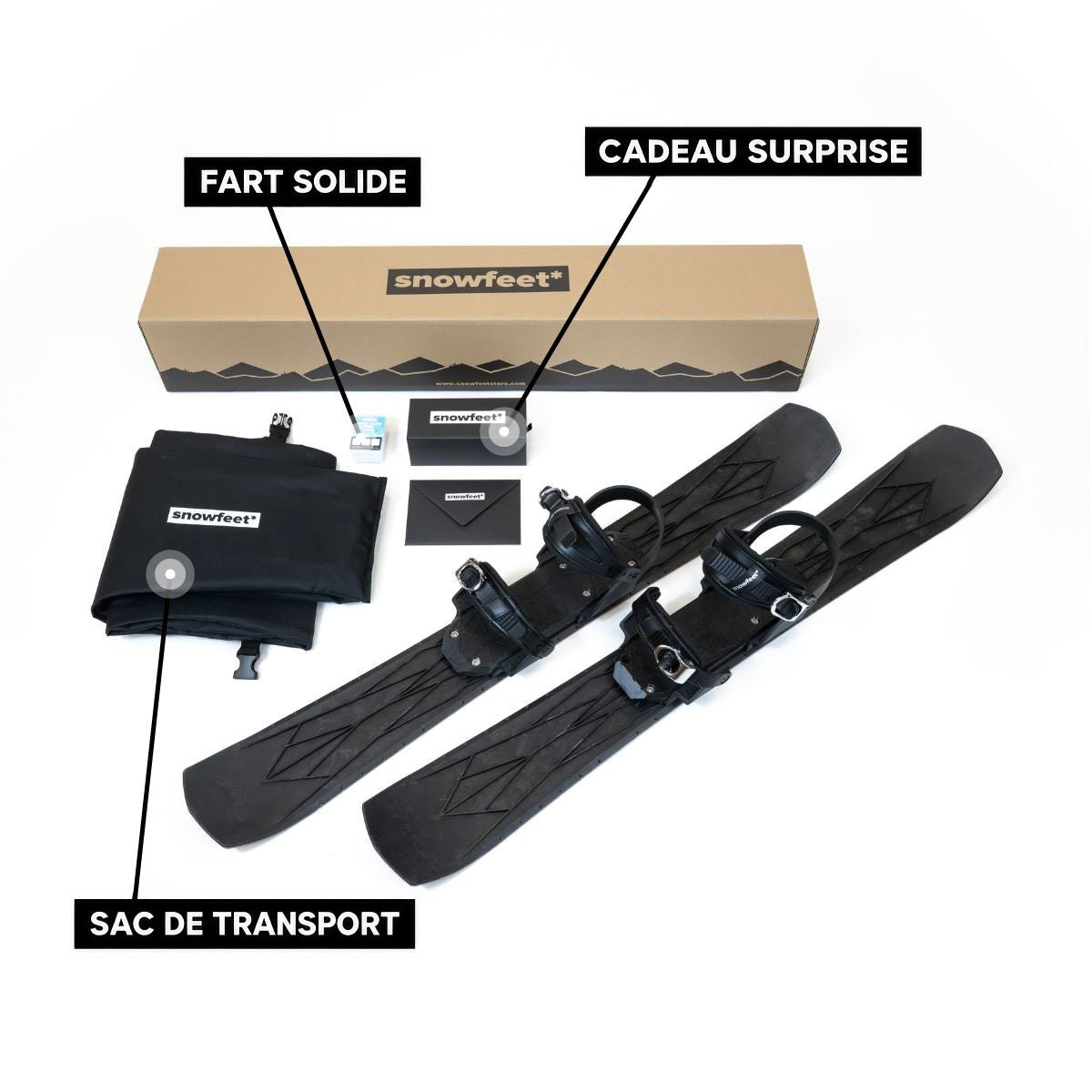 Snowfeet 100 unboxed photo. Equipment set with hard wax, carrying bag, and 'secret gift' labeled on a white background.