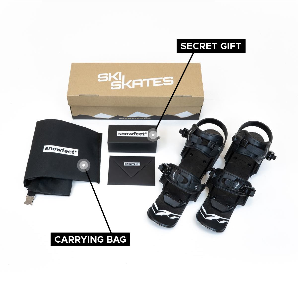 snowfeet 44 unboxed photo. Black ski skates with packaging and accessories on a white background