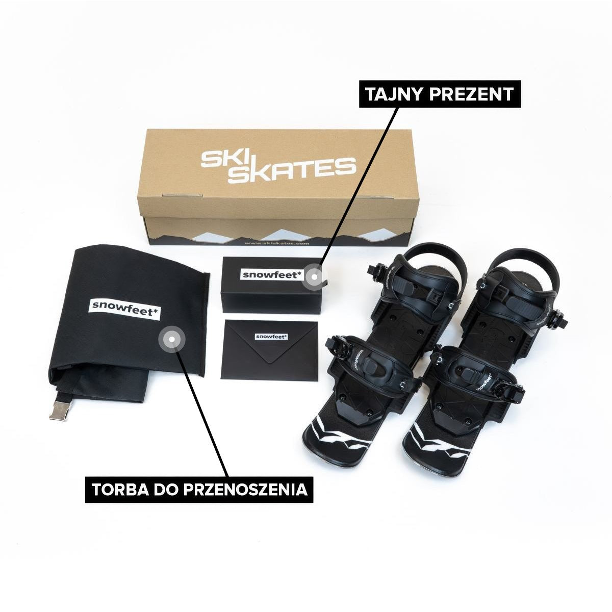 snowfeet 44 unboxed photo. Black ski skates with packaging and accessories on a white background