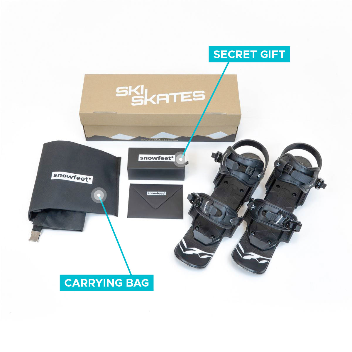 snowfeet 44 unboxed photo. Black ski skates with packaging and accessories on a white background
