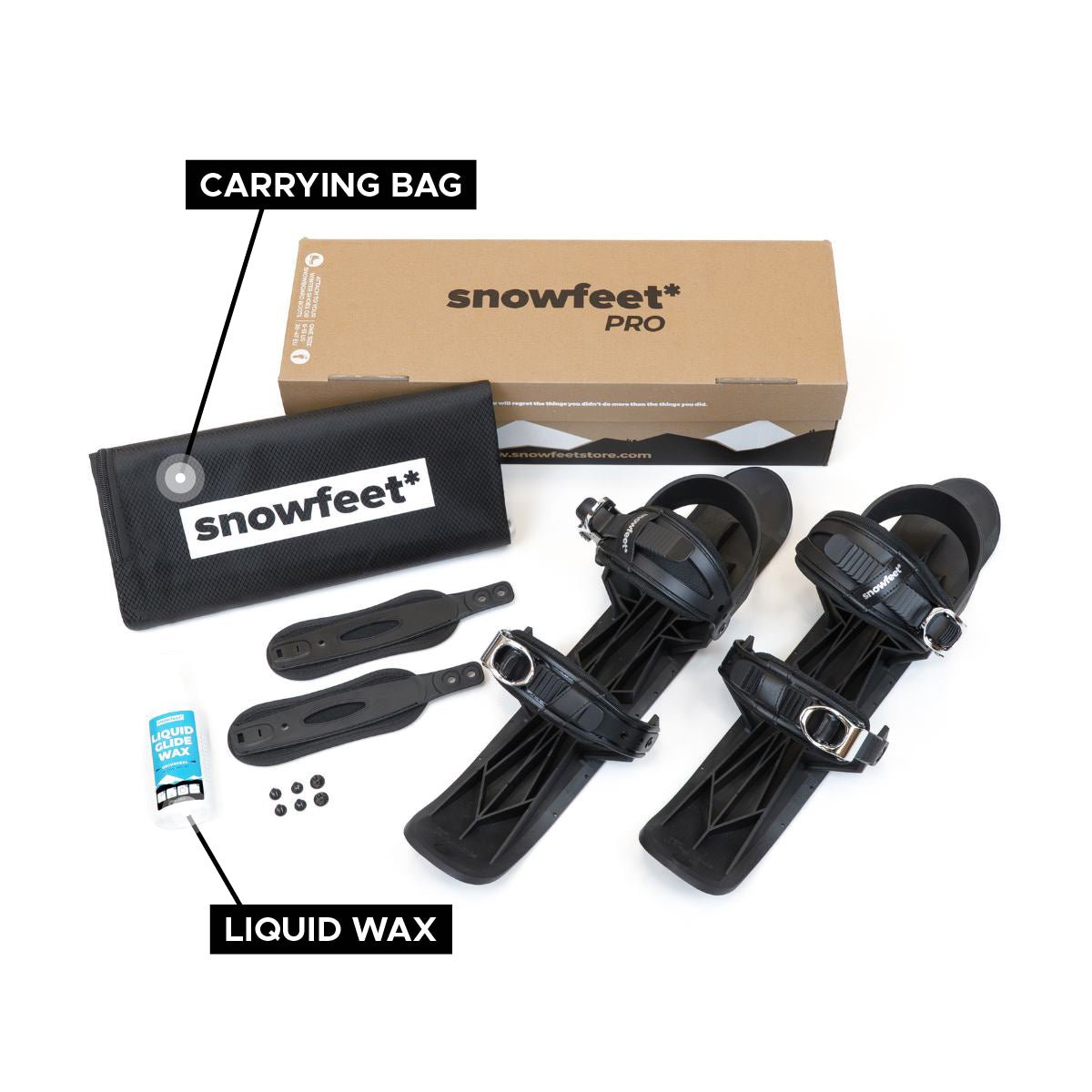 Snowfeet 50 unboxed photo. Equipment set with 'snowfeet' branding including carrying bag, liquid wax, and hardware on a white background.