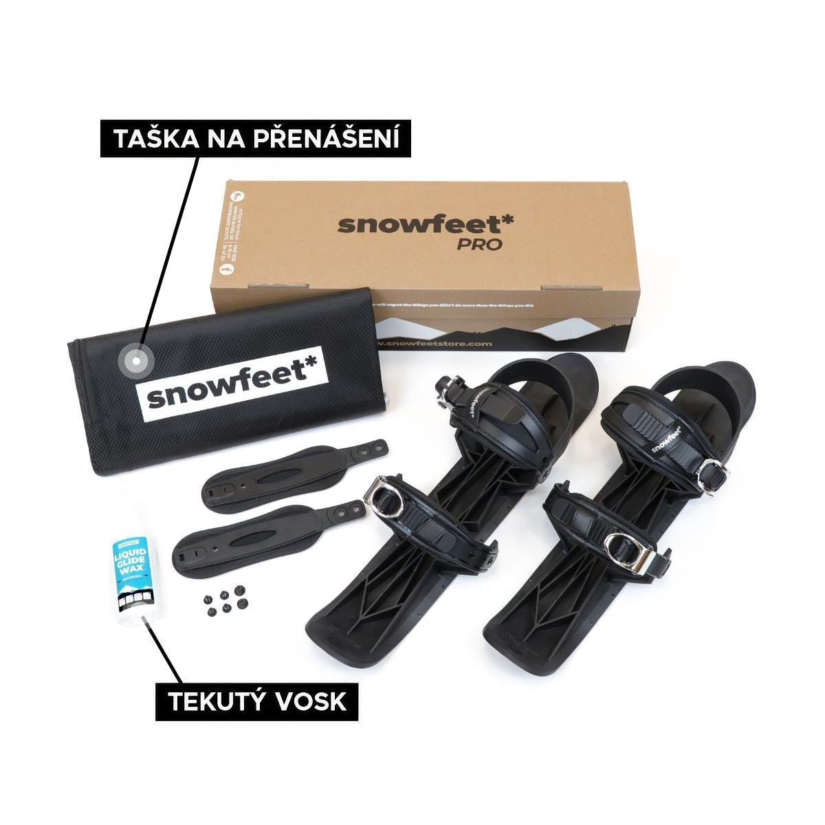 Snowfeet 50 unboxed photo. Equipment set with 'snowfeet' branding including carrying bag, liquid wax, and hardware on a white background.