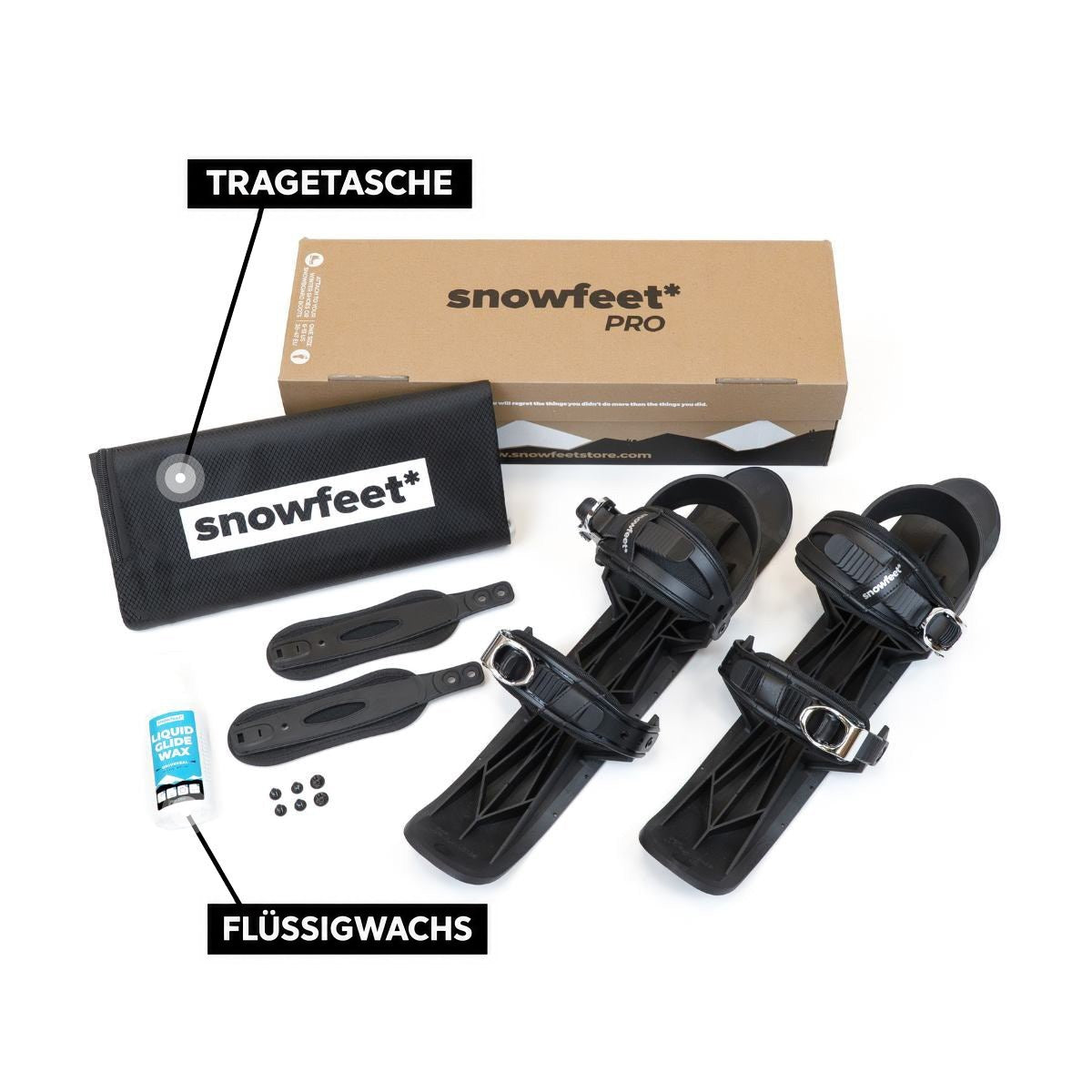 Snowfeet 50 ausgepackt: Set mit Snowfeet-Logo, Transporttasche, Flüssigwachs und Montagematerial