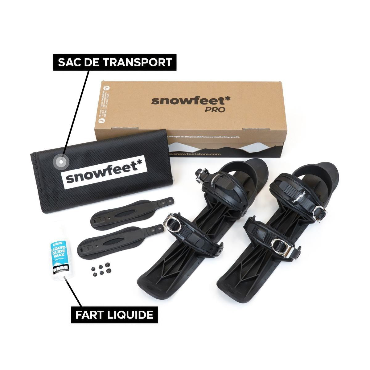 Snowfeet 50 unboxed photo. Equipment set with 'snowfeet' branding including carrying bag, liquid wax, and hardware on a white background.