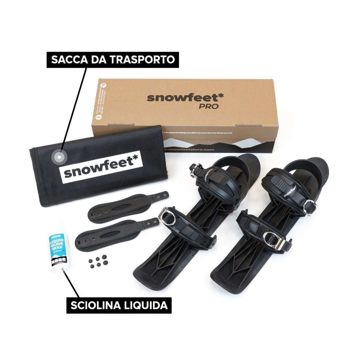 Unboxing Snowfeet* 50: set con sacca da trasporto, sciolina liquida e minuteria su sfondo bianco