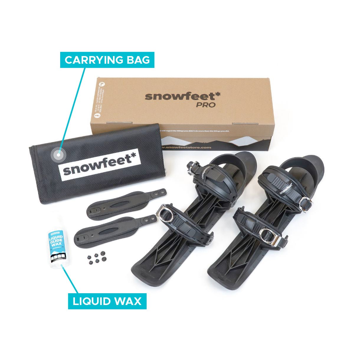 Snowfeet 50 unboxed photo. Equipment set with 'snowfeet' branding including carrying bag, liquid wax, and hardware on a white background.