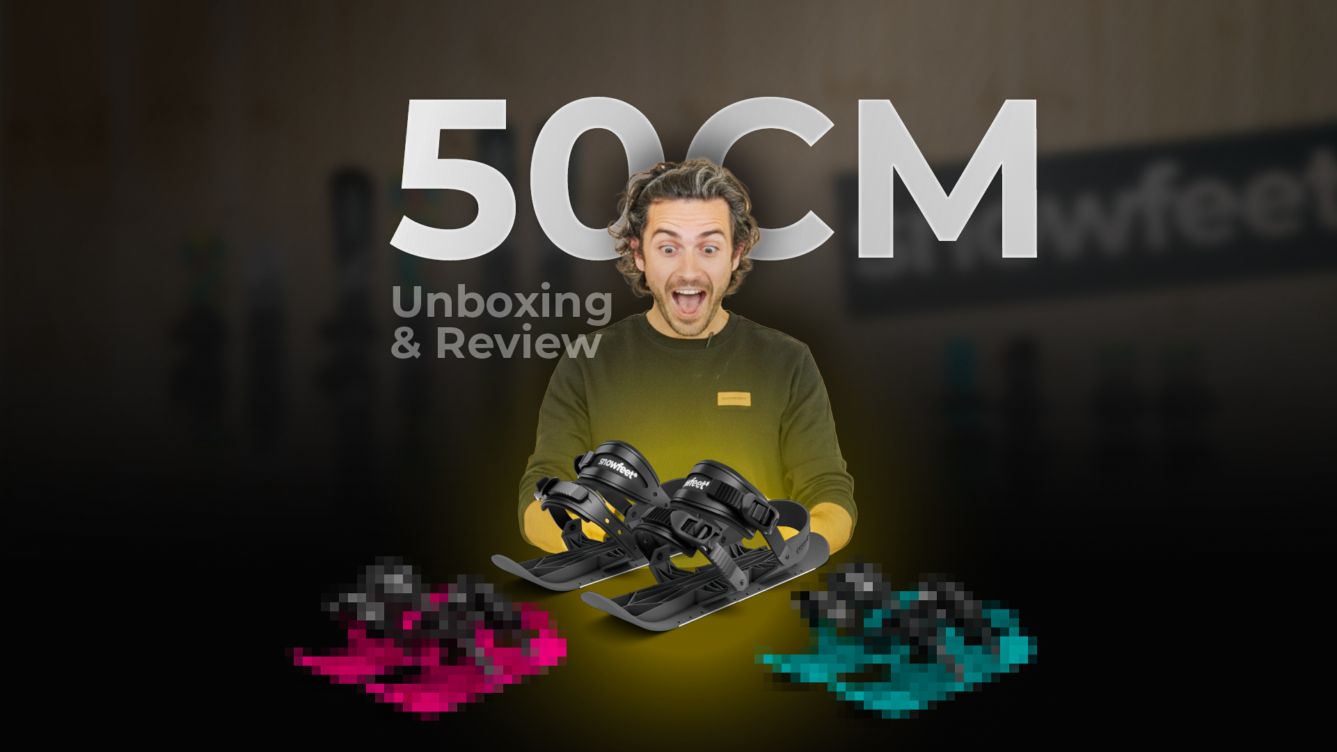 Person holding snowboard bindings with text '50CM Unboxing & Review' on a dark background