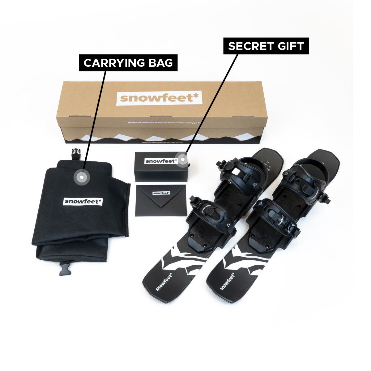 Snowfeet 65 unboxed photo. Equipment set with 'snowfeet' branding, including a carrying bag and secret gift box.