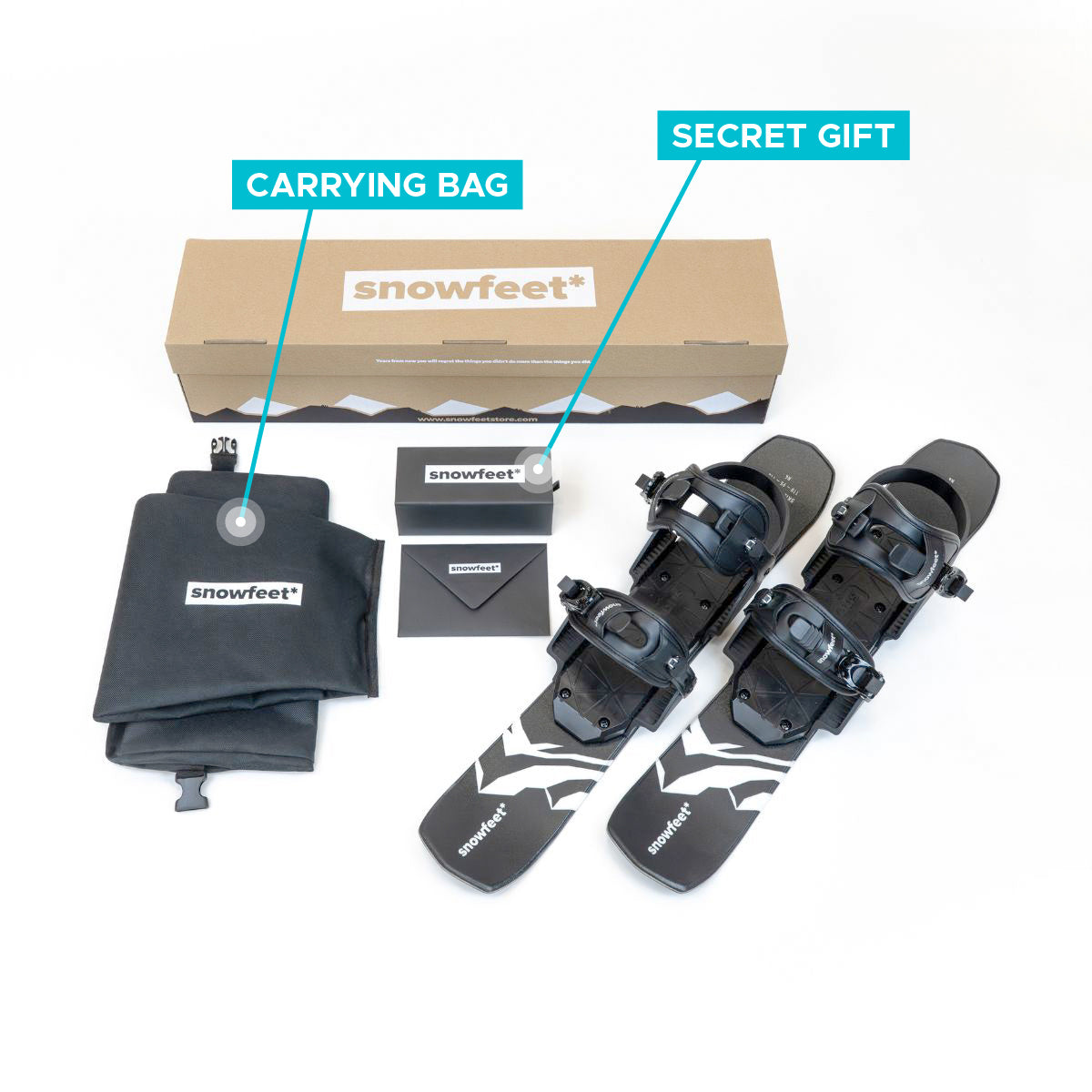 Snowfeet 65 unboxed photo. Equipment set with 'snowfeet' branding, including a carrying bag and secret gift box.