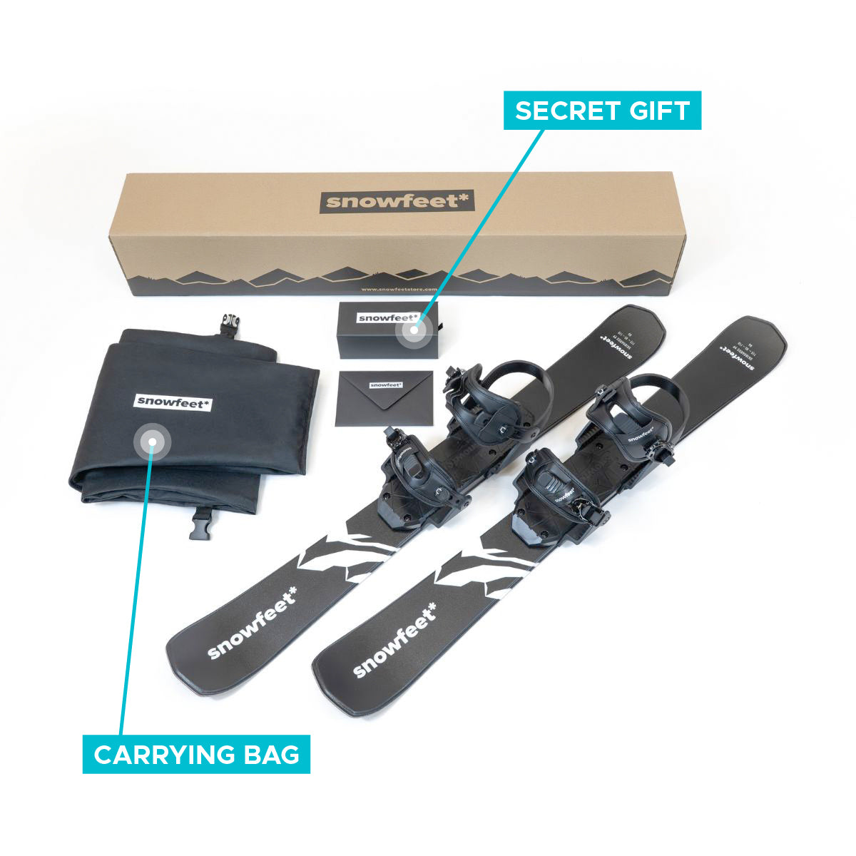 Snowfeet 99 unboxed photo. Equipment set with 'snowfeet' branding, including skis, bindings, and a carrying bag, on a white background.