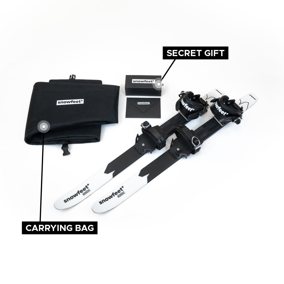 Snowfeet nordic unboxed photo. Set with carrying bag and secret gift on a white background