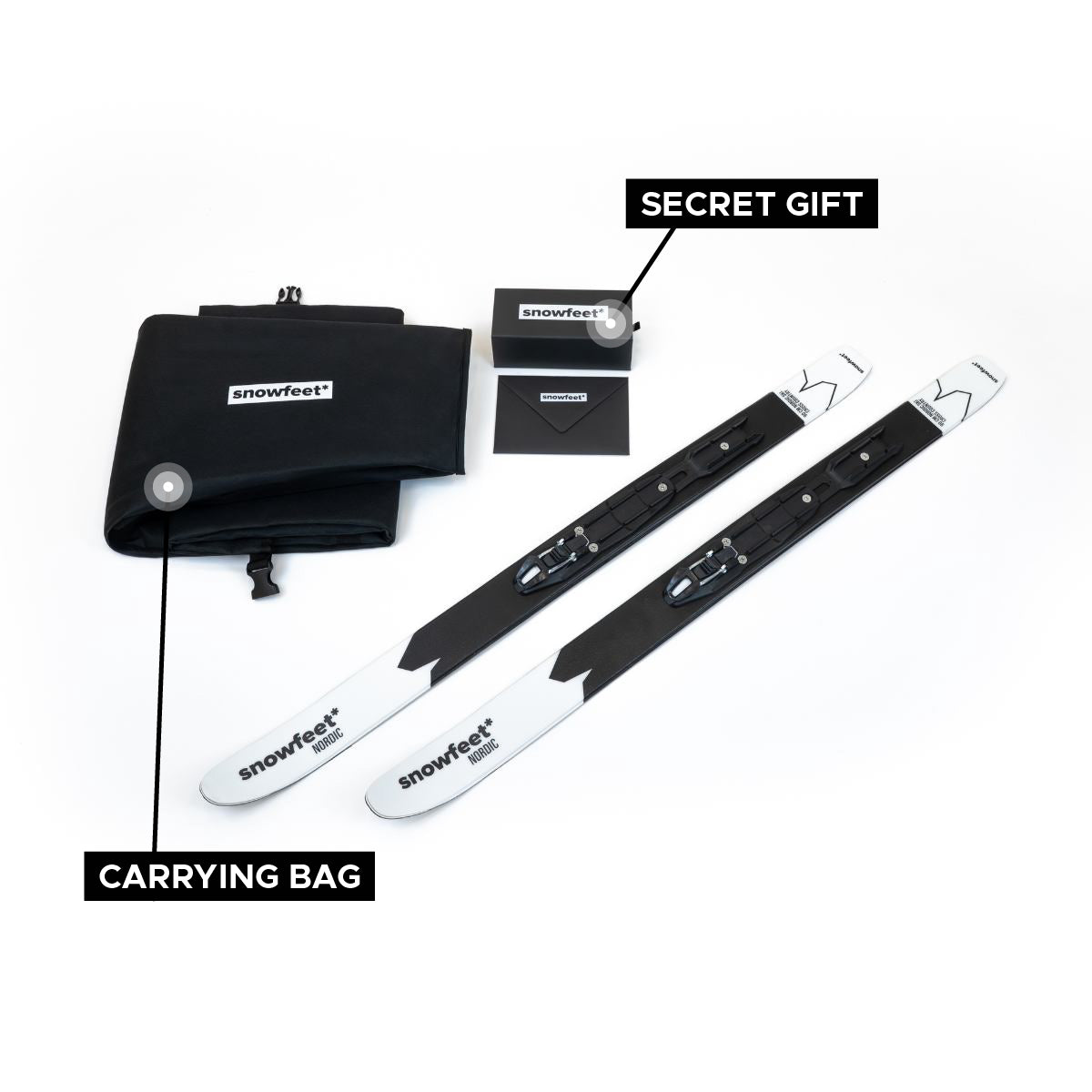 Snowfeet nordic unboxed photo. Set with carrying bag and secret gift on a white background