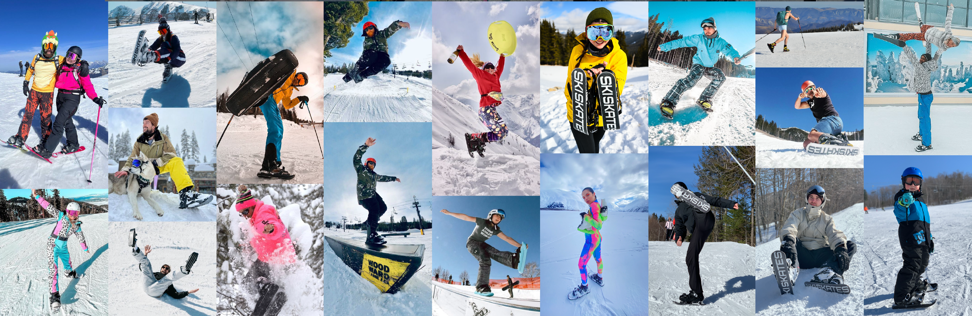 Collage of people snowboarding and enjoying winter activities in a snowy landscape.