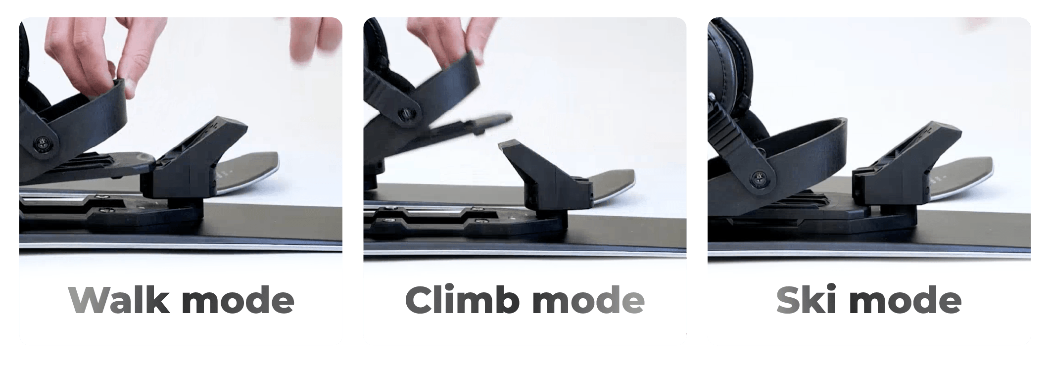 Three modes of a ski binding system on a white background