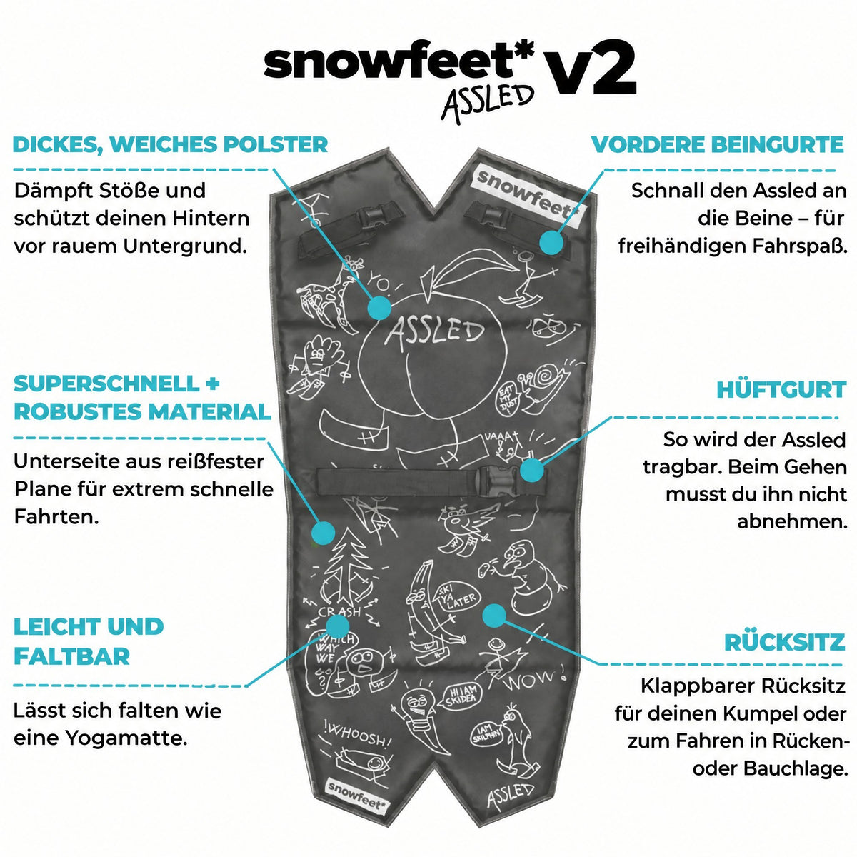 Assled - Wearable Foldable Snow Sled for Adults and Kids / Toboggan Foam Sledge - by Snowfeet* - snowfeet*