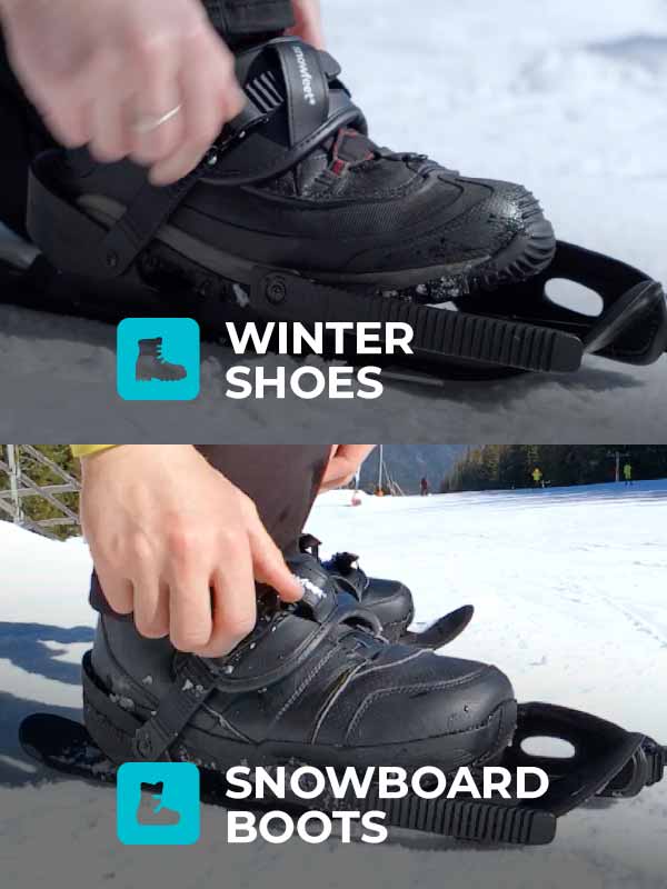 Person putting on black snowboard boots with text indicating 'Winter Shoes' and 'Snowboard Boots'. Simply Strap onto Your Winter Shoes or Snowboard Boots