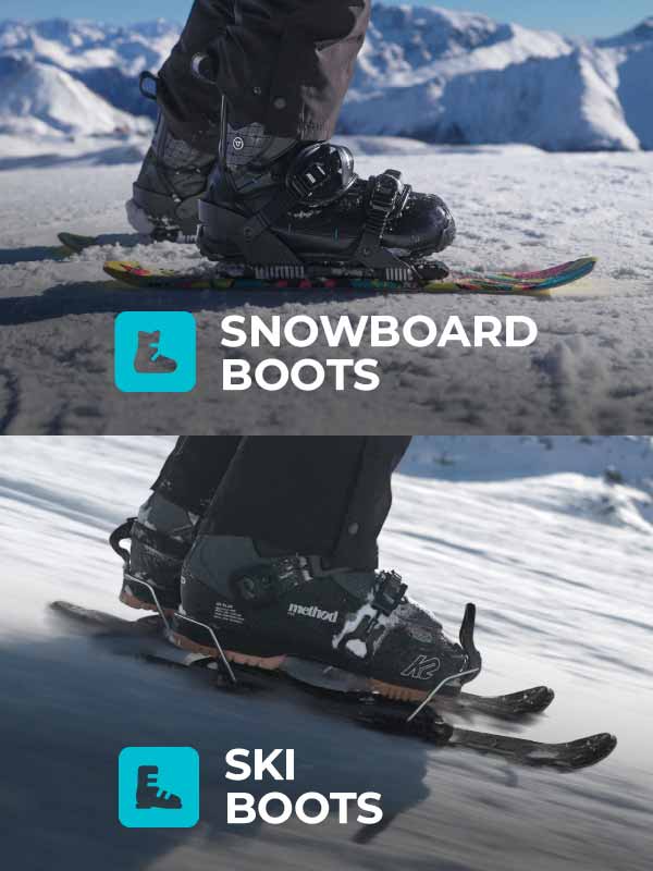 Two images showing snowboard boots and ski boots on a snowy background with mountain scenery. Compatible with Ski or Snowboard Bindings