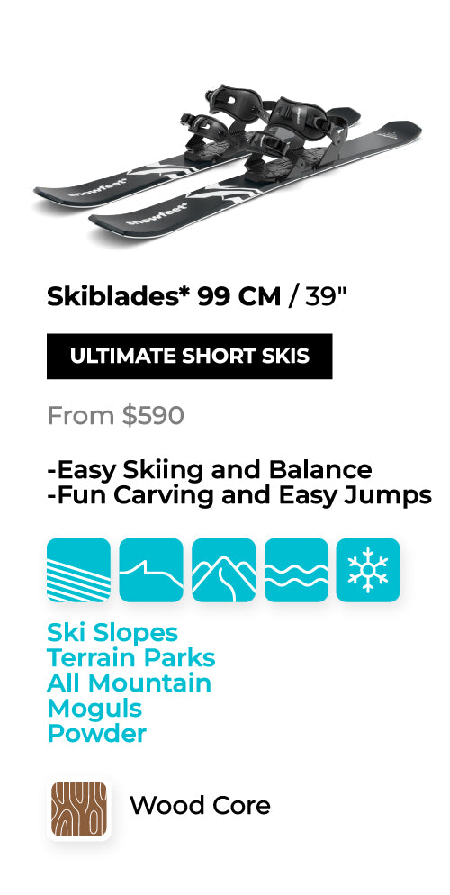 Pair of skis with bindings on a white background, featuring text about skiblades and Wood Core technology.