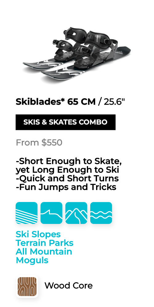 Skiblades 65 CM skis and skates combo with text on a white background