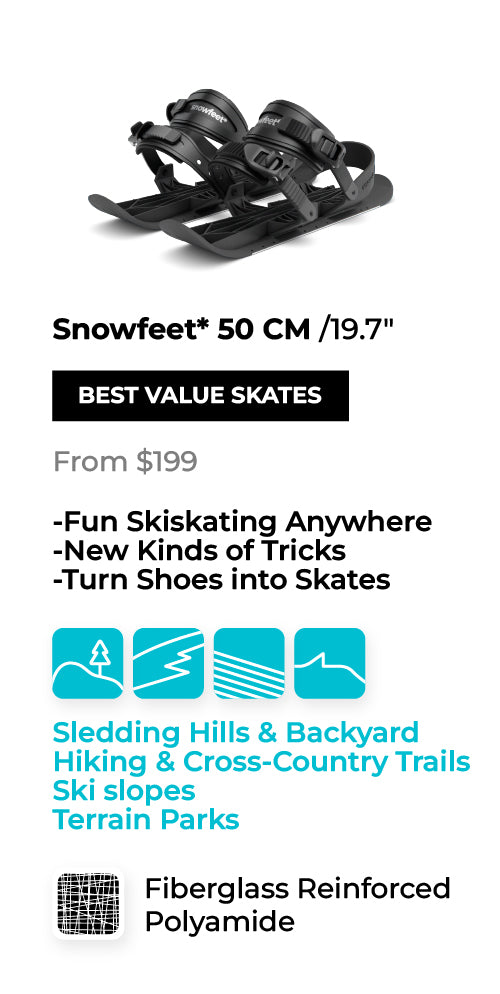 Snowfeet skates with product details on a white background