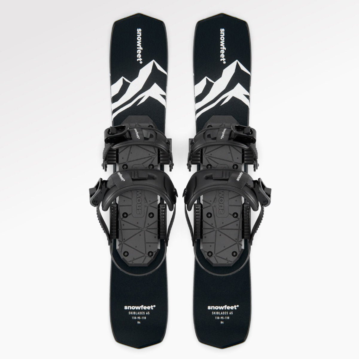 Skiboards Snowblades Short Mini Skis - snowfeet*, Product photo, wood core skis, snowboard binding, black mountain color. #Model_Snowfeet 65 CM#Binding_Snowboard#Color_Black|Mountain Black#TopDown