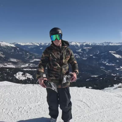Dynamic show reel of riders using various Snowfeet products, including mini ski skates and skiblades, in exciting action shots on snow.